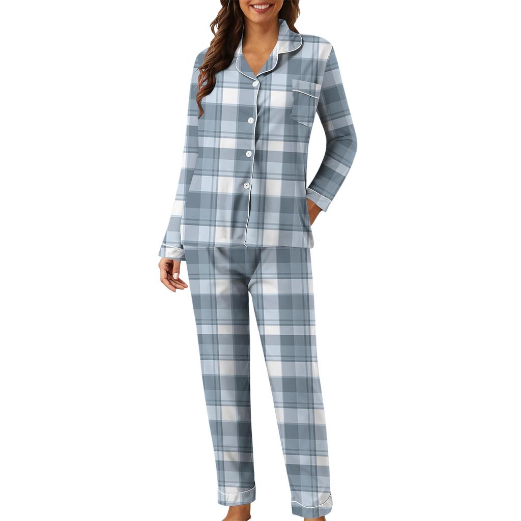 Conjunto de Ropa de Casa Casual para Mujer con Estampado de Cuadros y Parches, de Manga Larga