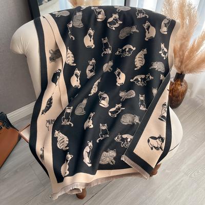 Women Latest Animal Jacquard Cat Scarf Imitation Cashmere Soft Warm Fringe Shawl Autumn Winter Coldproof Windproof Blanket