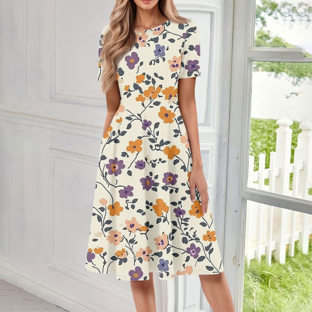 Women's Casual Fashion Round Neck Short Sleeve Floral Print Midi Dress