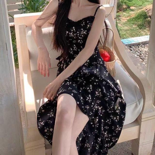 Black Floral Camisole Dress for Women - 2025 Summer Retro Mid-Length with Waist Slimming Design