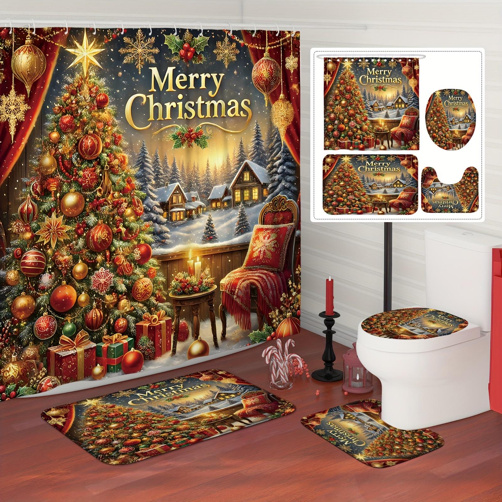 

Christmas Bath Curtain Set - Red Green Gold Tree Ball Decor, Includes Non-Slip Mat & U-Shaped Holiday Home Bathroom Decor W60H190(CM)-1 Pcs