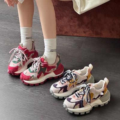 Thick-soled Heightening Dad Shoes Women's Autumn New Leather Comfortable Color Matching Fashion Casual Sports Shoes Trend