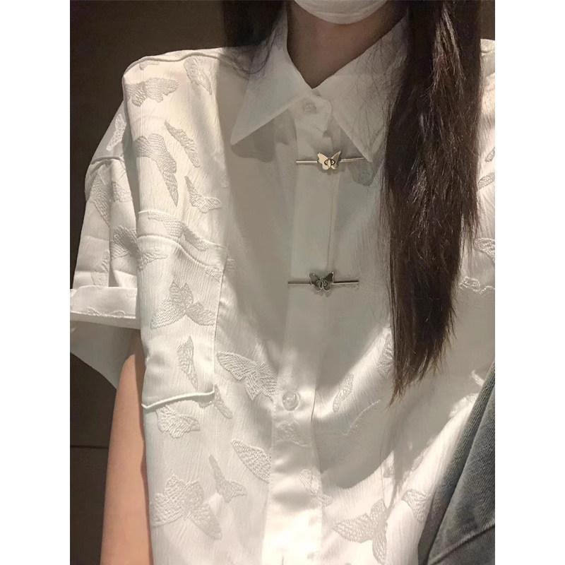 

Butterfly Knot Jacquard Women s Shirt New Chinese Style Ladies Pocket Short Sleeved Shirts Summer Loose Single Breasted Female Cardigan Tops S білий