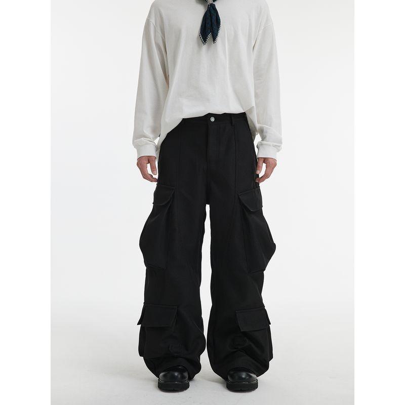 Men's American-Style Textured Silhouette Knife-Cut Pants, Unisex Spring and Autumn Multi-Pocket Workwear Casual Pants, Wide-Leg Straight Long Pants