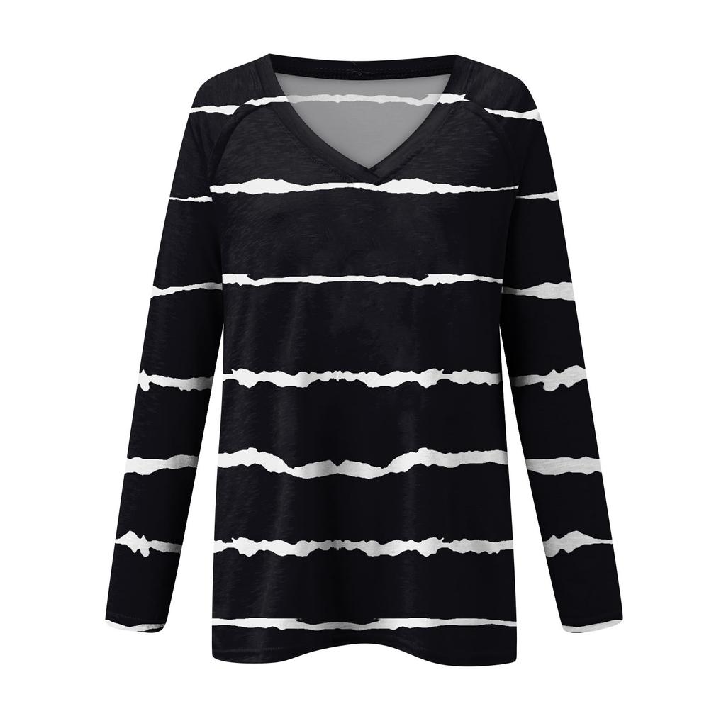 Women's Long Sleeved T-shirt V-neck Tie Dyed Floral Stripe Print Casual Top
