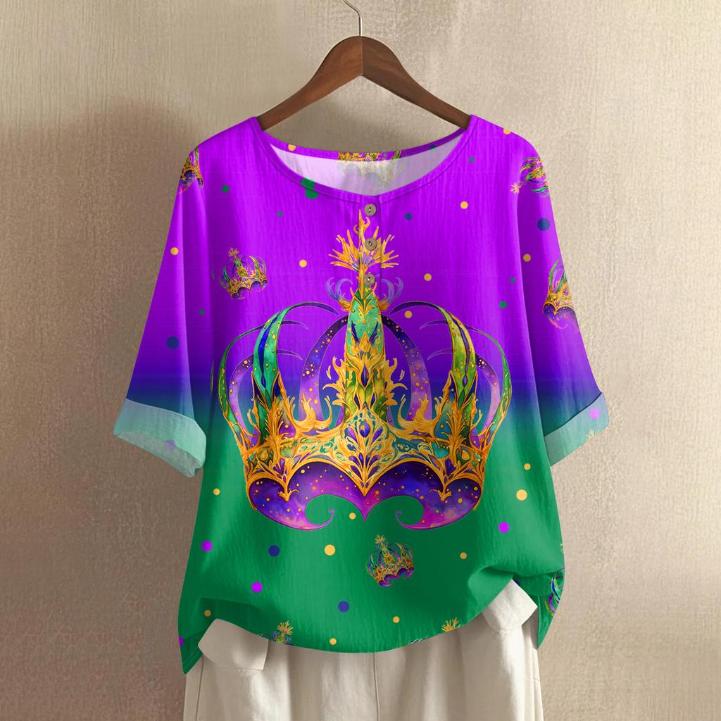 Women's Fashionable And Casual Shirt Half Sleeve Round Neck Print Cotton And Linen Blouse Top