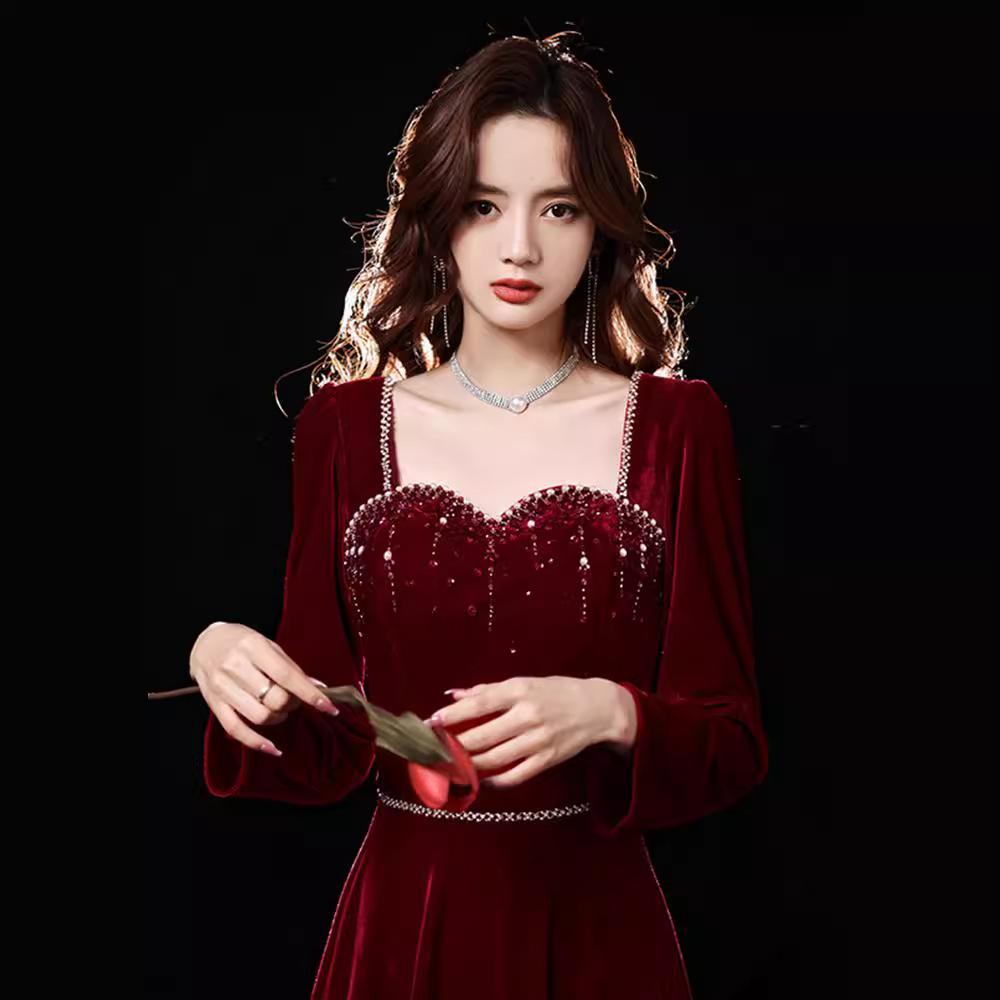 Toast Bridal Velvet 1011 New Skinny Long Sleeve Textured Burgundy Wedding Dress Women