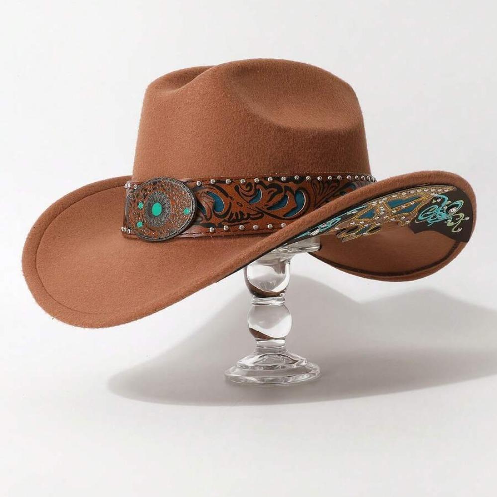 Turquoise Decor Wide Brim Sun Hat Embossed Band Cowgirl Hat Stage Performance Hat For Women Man