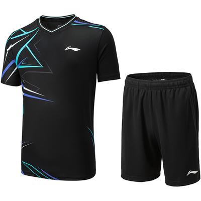 Li Ning Badminton Series Logo Line V-Neck Short Sleeve Relaxed Shorts Sports Suit Unisex Sports Suit Black AATU051-1