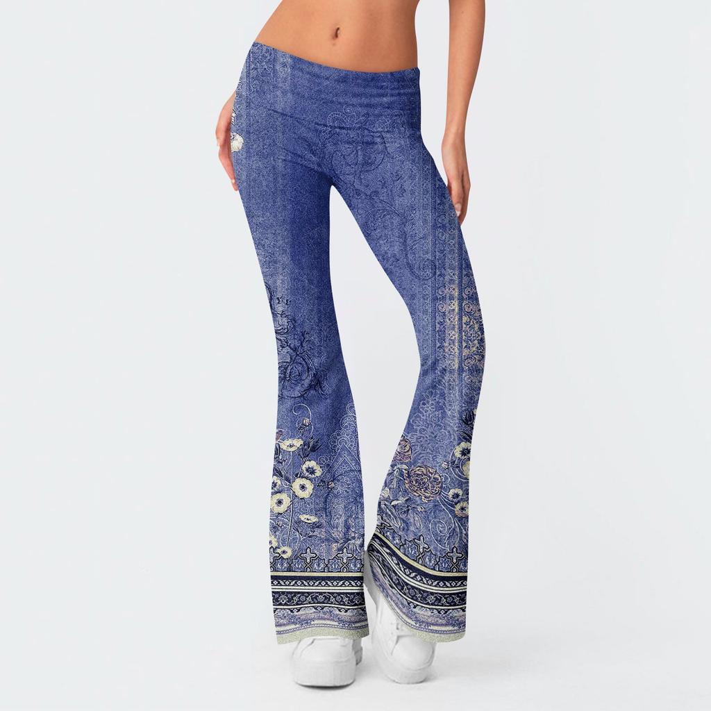 Women's Fashion Print Slim Fit Slim Reverse Waist Low Waist Elastic Waist Flare Pants