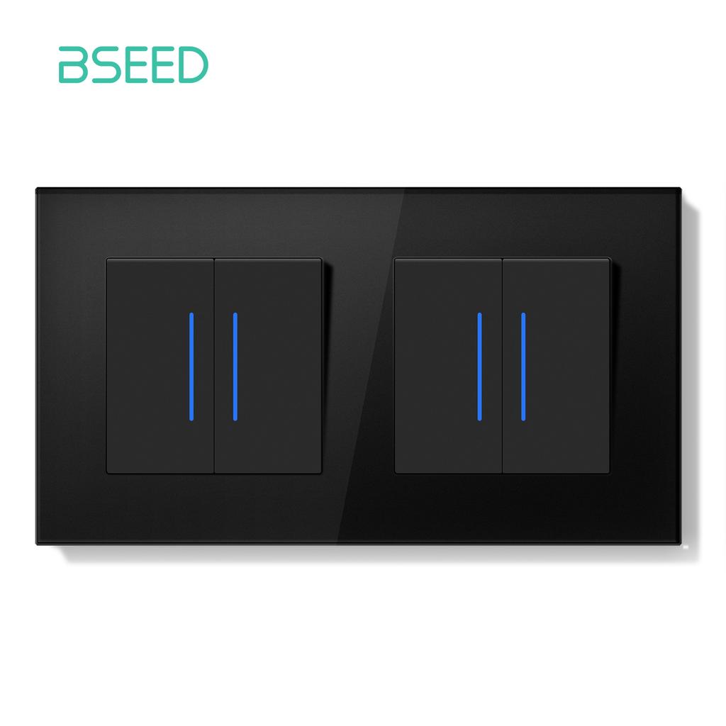 BSEED 1/2Gang Wall Light Switch Mechanical Double Button Switch 1Way With LED EU Sockets USB 20W Type-c Power Ports Glass Panels