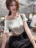 Spice girl style white kink slanted shoulder short-sleeved T-shirt summer pure desire slim-fitting off-the-shoulder niche short top women