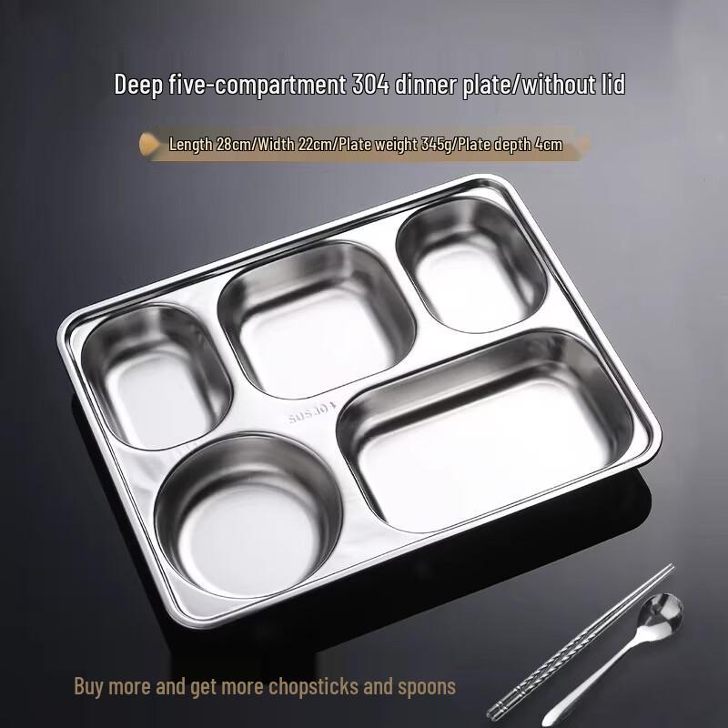 Food Grade 304 Stainless Steel 5-Compartment Meal Tray
