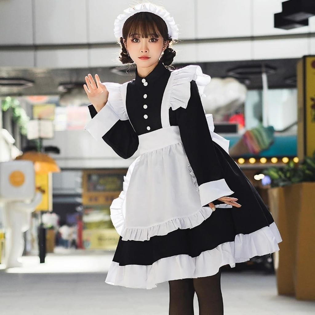 SEXYTINE Maid British Long Black and Sexy Lolita and Long School Festival Performance Popular Outfit, Style, Sleeve, White, Cosplay, 3-Piece Dress,
