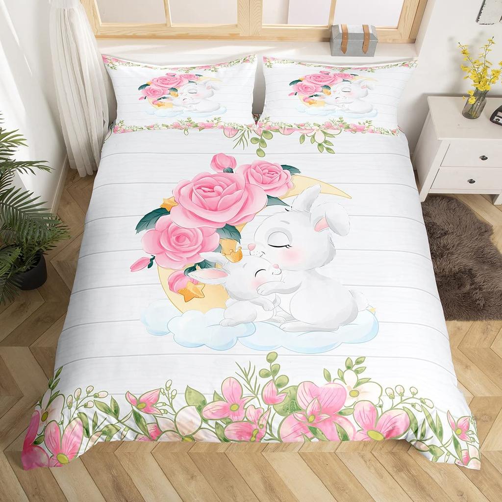 Kids Pink Rose Rabbit King Queen Duvet Cover Cartoon Animal Comforter Cover Rose Moon Floral Bedding Set Polyester Quilt Cover