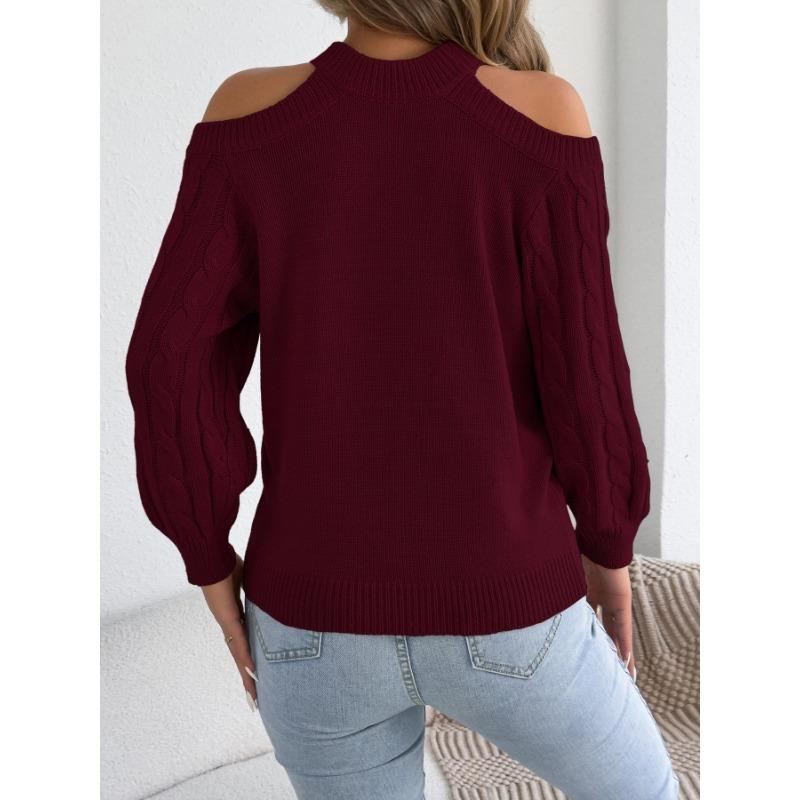 Womens Casual Solid Off Shoulder Long Sleeve Pullover Sweater