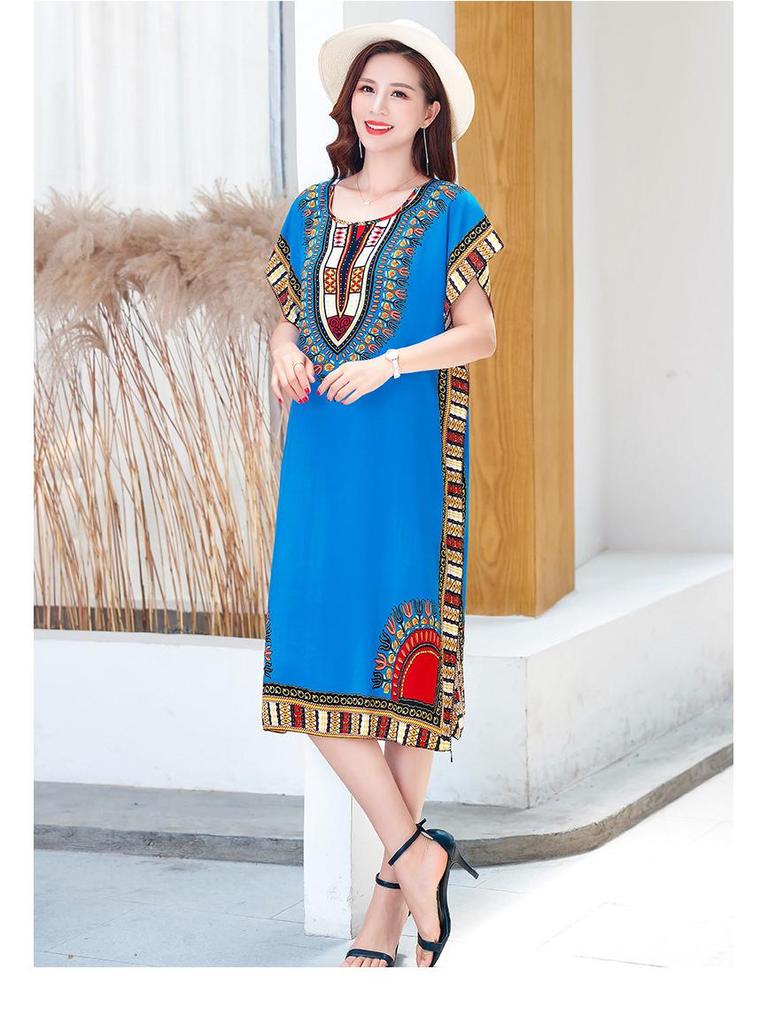 Summer Cotton Silk Loose Fit Mid-Length Bat Sleeve Dress for Women - Plus Size, Belly Covering, Slimming Beach Dress for Moms