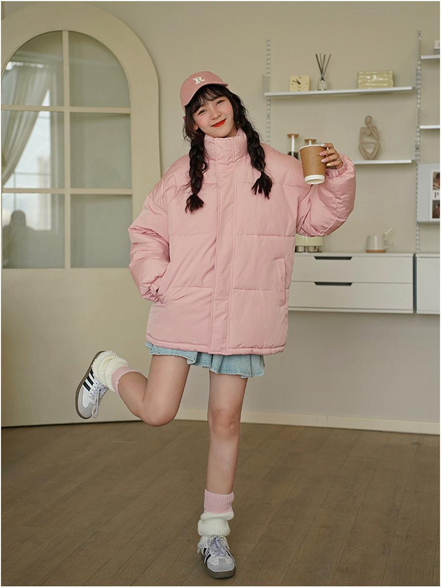 

Хлопковая куртка с воротником-стойкой женская толстая зимняя в корейском стиле свободного кроя приталенное хлопковое пальто однотонное универсальная рубашка-хлеб M розовый