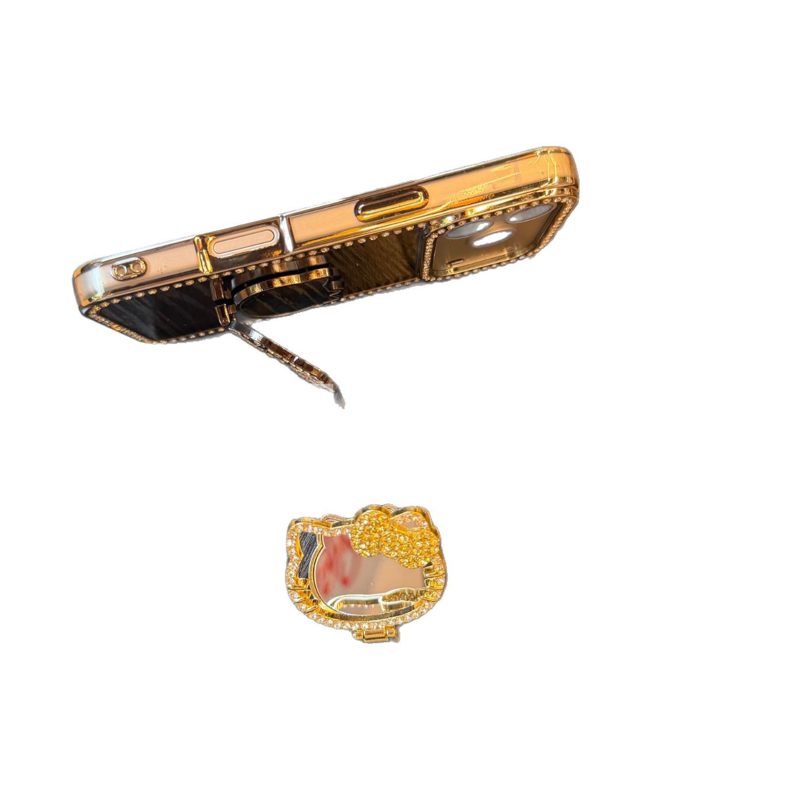 Elegant KT Cat Phone Stand Ring with Makeup Mirror Gold KT Cat Mirror