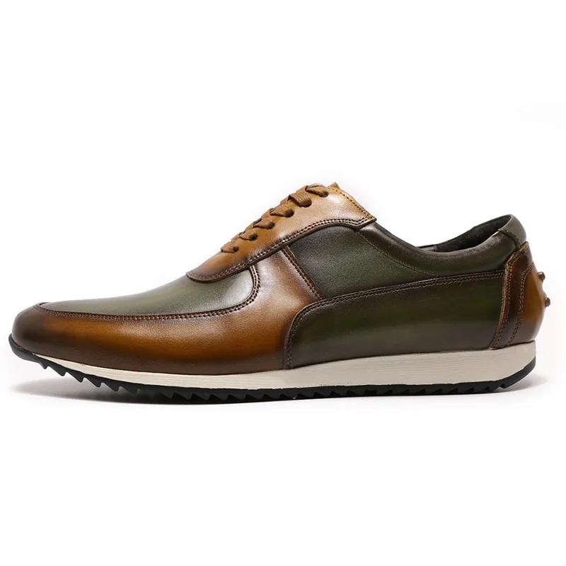Mens Big Size 5-15 Casual Shoes Genuine Leather Hand Painted Oxford Lace-Up Sneakers Brown/Green Street Style