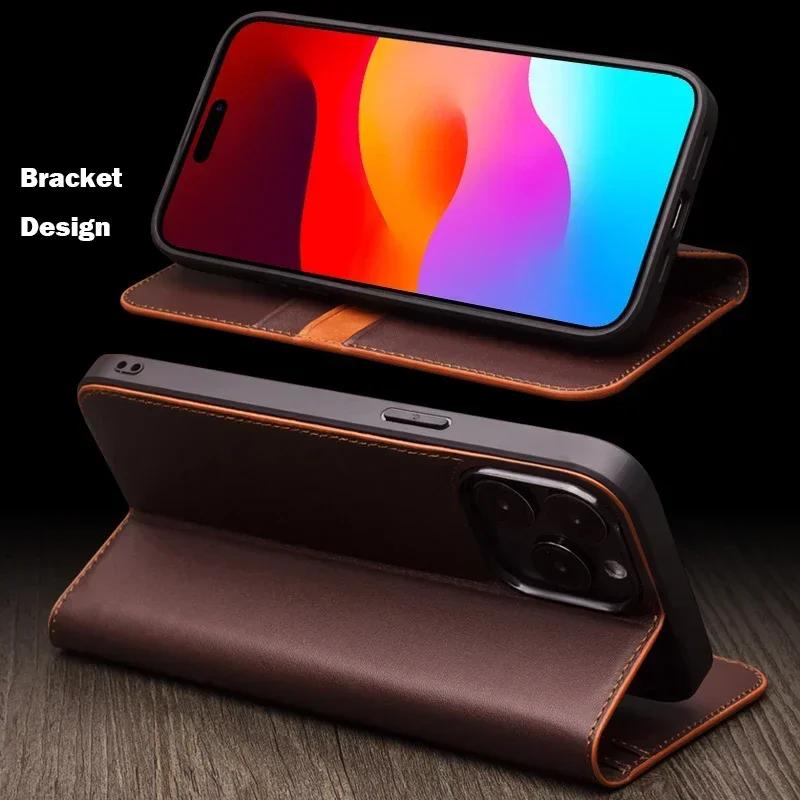 Echt Leer Flip Hoesje voor IPhone 13 Pro Handgemaakt Mode Zakelijk Hoesje met Kaartsleuven voor IPhone 15 Pro Max/15/14