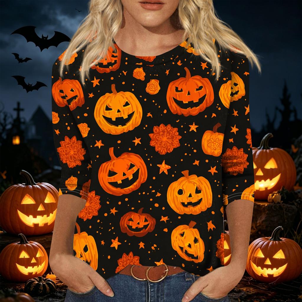 Women's Halloween Print 3/4 Sleeve Shirt Loose Fit Casual Round Neck Pullover Top Lightweight Comfortable Fabric Suitable for Daily Wear