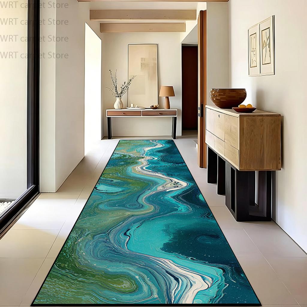 Retro Abstract Style Green Soft Long Corridor Carpet Luxury Machine Washable Runner Rug Foldable Decoration Home Passageway Mat