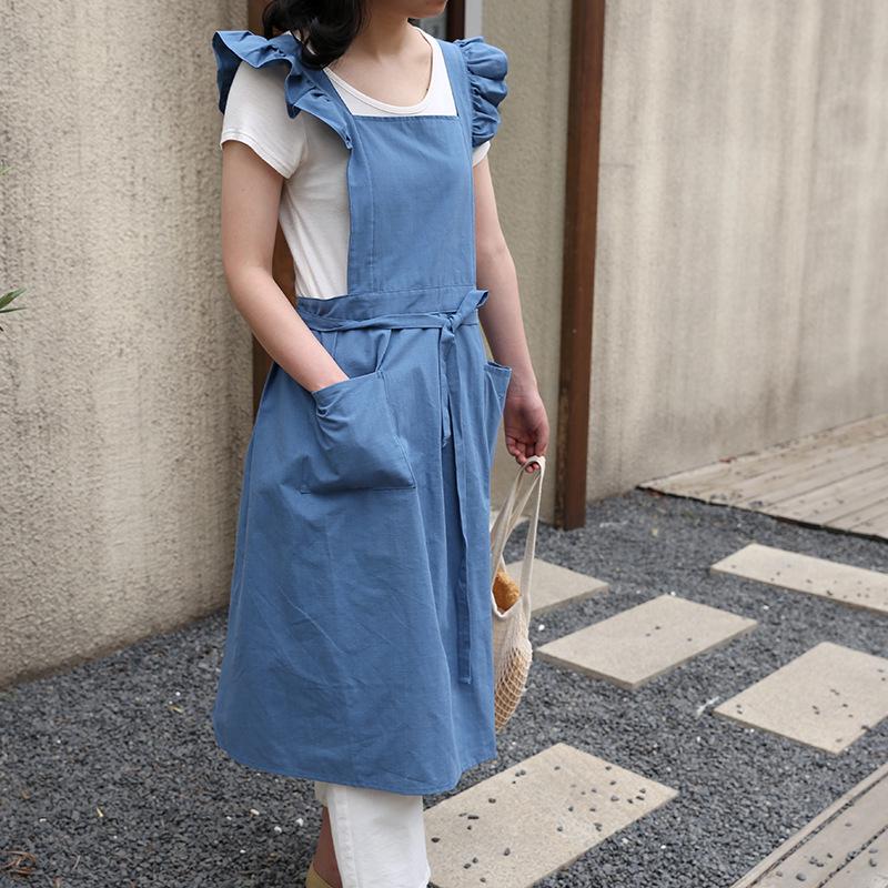 Ruffled Shoulder Strap Apron - Breathable Cotton Linen, Water Repellent for Household Chores & Baking