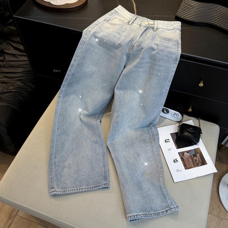 Women’s High Waist Shiny Rhinestone Denim Wide-Leg Pants - Early Spring Design