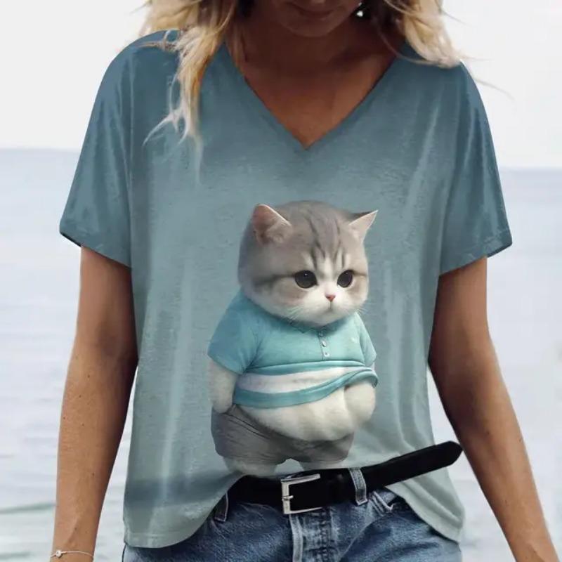 

Женские футболки с принтом в виде мультяшного кота, милые повседневные футболки с короткими рукавами и рисунком кота на животе, летние модные футболки, свободная женская одежда, топ XL