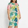 Women Plus Size Tropical Leaf Printed Two Piece Skirt Set Round Neck Short Sleeve Asymmetric Top Fitted Skirt