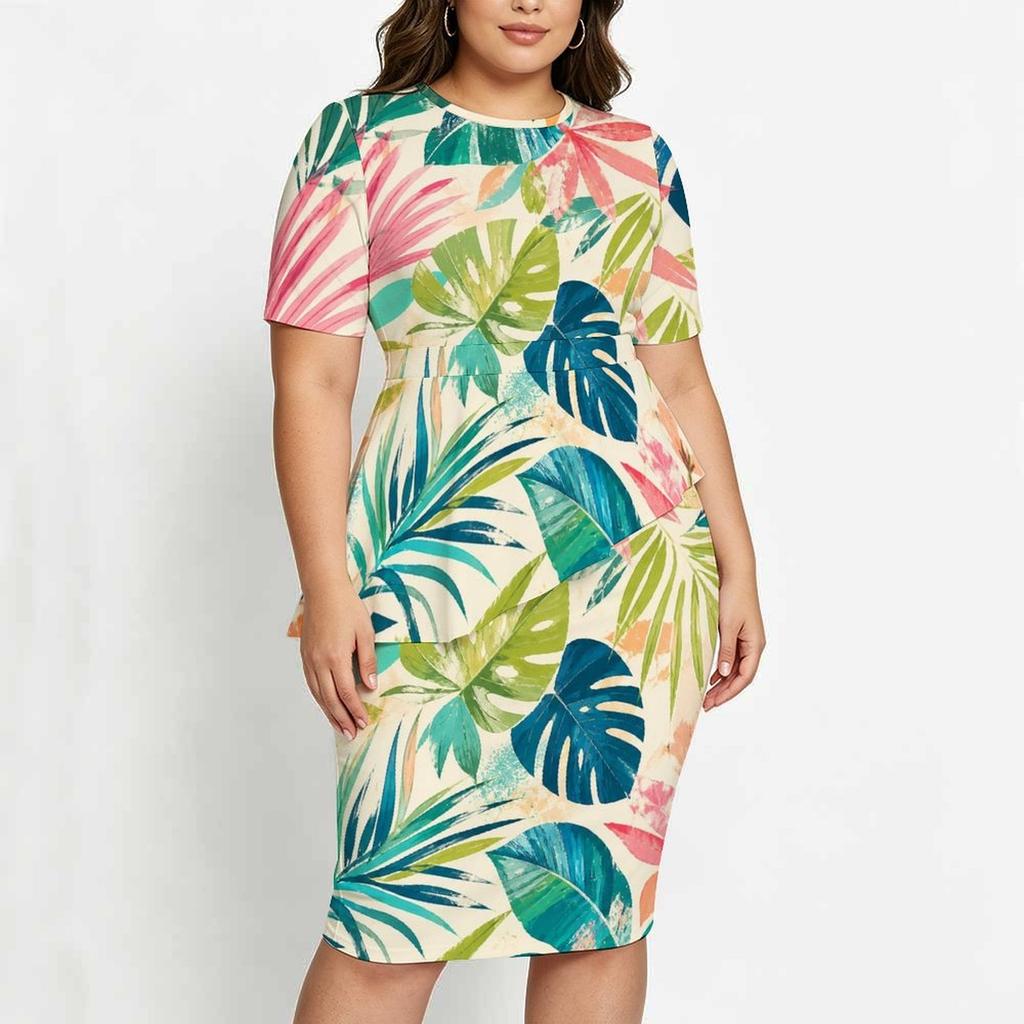 Women Plus Size Tropical Leaf Printed Two Piece Skirt Set Round Neck Short Sleeve Asymmetric Top Fitted Skirt