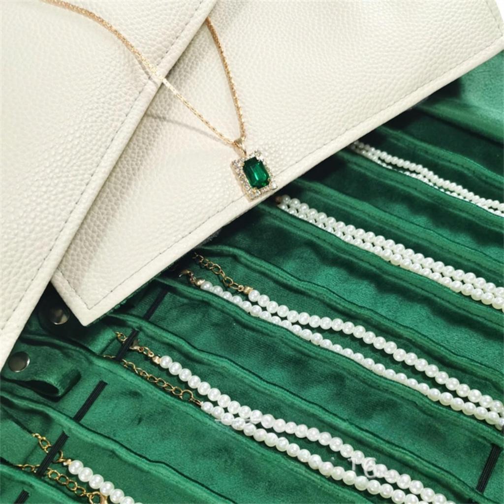 AACV Portable Jewelry Roll Necklace Storage Holds 16 Travel Jewelry Portable Accessory Safe Easy to Display Storage Bag White PU Leather and Case,