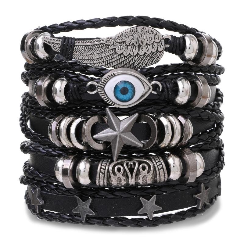 Boho Multilayer Leather Bracelets Evil Eye Charm Beads Bracelet Bangle For Women Men Vintage Punk Wrap Set