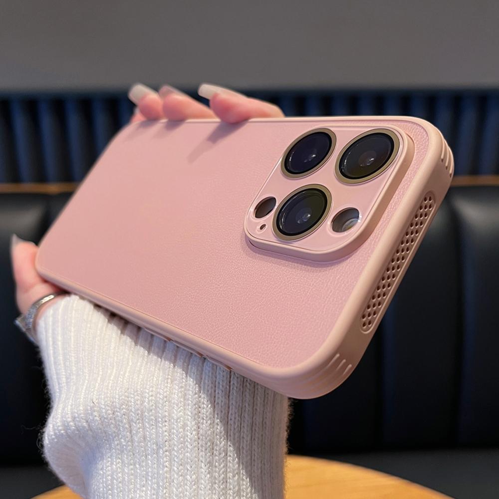 Luxusní kožený chladicí kryt na telefon se vzorem liči pro iPhone 15 14 13 12 Pro Max, ochrana objektivu, odvod tepla, kryt rámečku