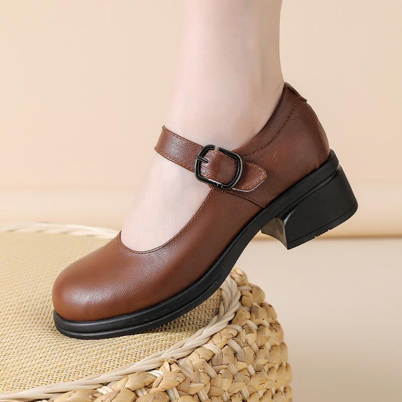 New Spring Single Shoes Soft Leather Work Shoes Shallow Mouth Mother Shoes One-button Mid-heel Small Leather Shoes Jurchen Leather