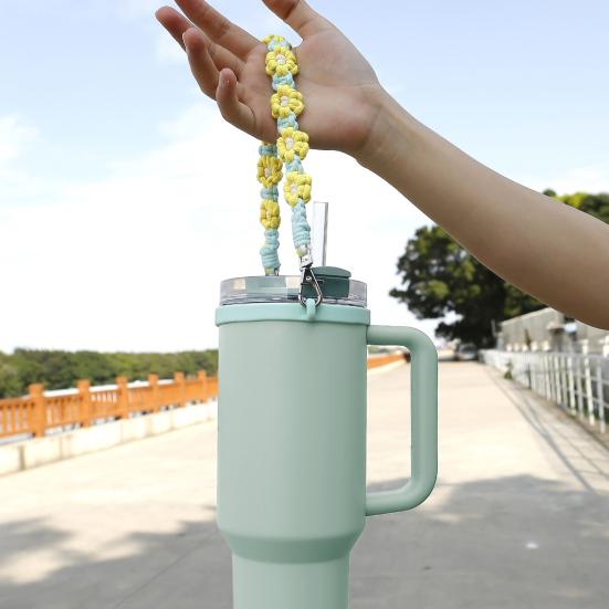 Water Bottle Handle Strap Handmade Flower 16-40oz Tumbler Silicone Safety Ring Cotton Rope Flower Sling Holder Carrier Lanyard Cup Accessories