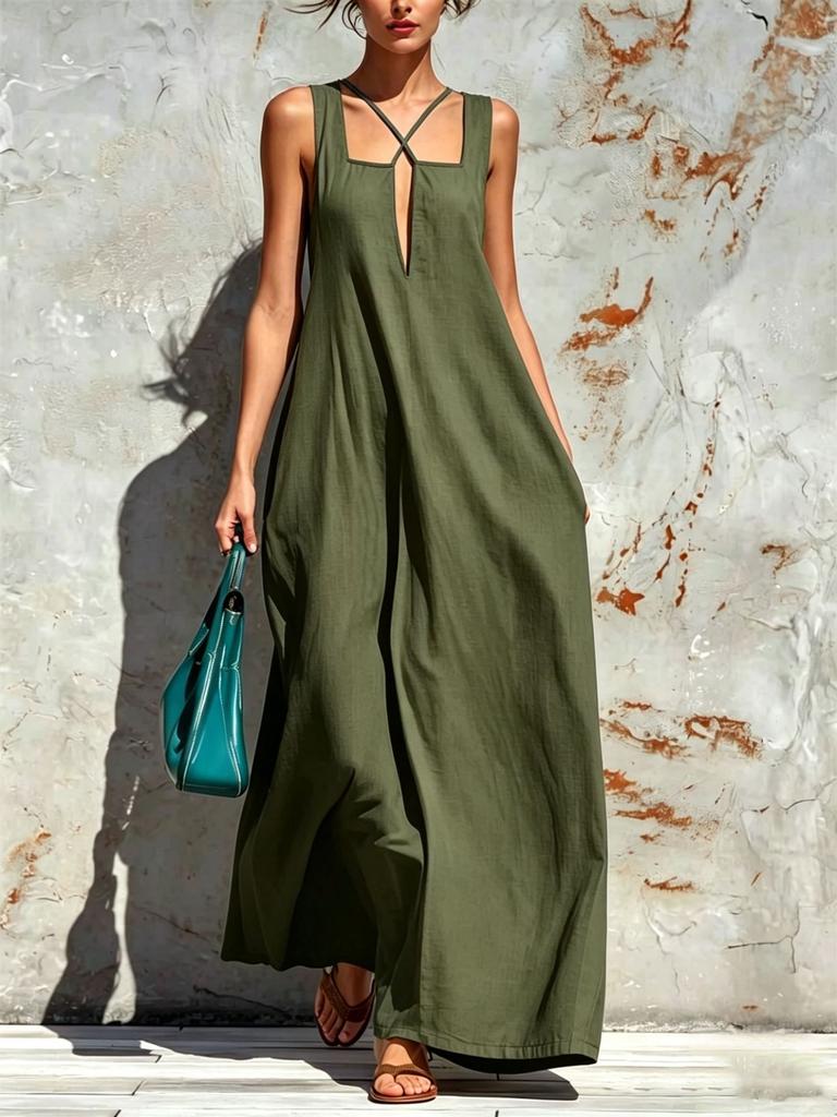 European and American cross-border Amazon Bohemian vacation style square collar cross neck long dress loose pendulum dress