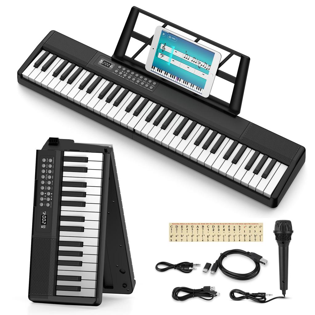 Folding Electronic Piano, 61 Keys, MIDI Function, Computer Compatible, 80 Demo Songs, 135 Tones, 200 Built-in Rhythms, LCD Display, Music Stand,
