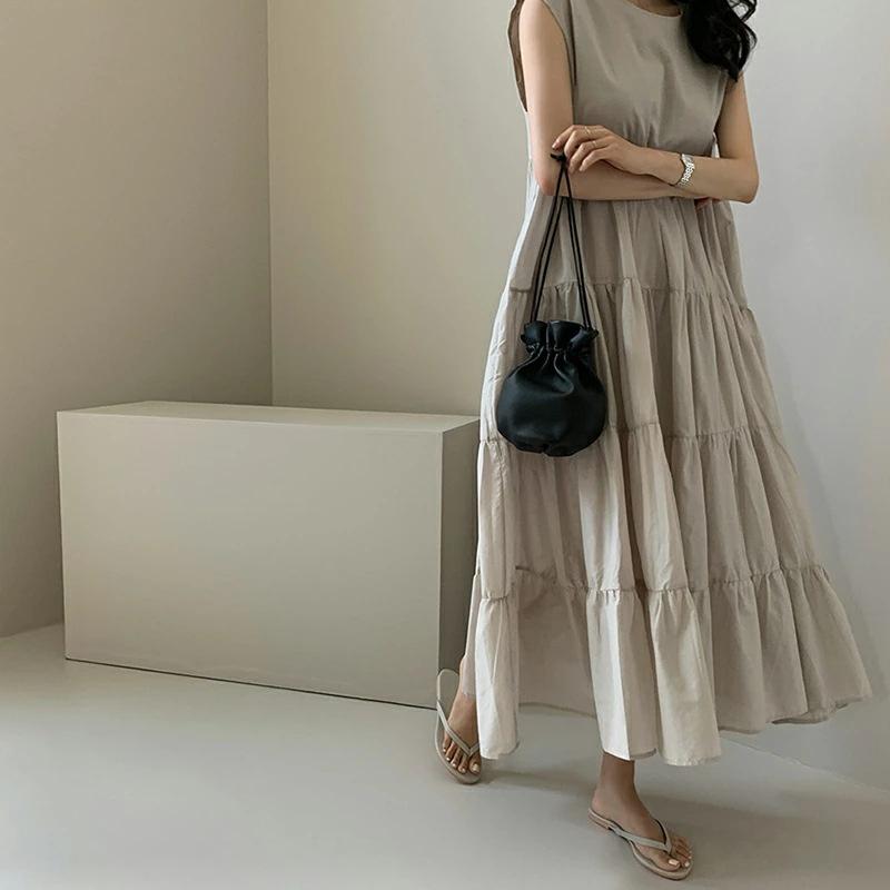 

Лоскутное однотонное длинное платье без рукавов с круглым вырезом One Size