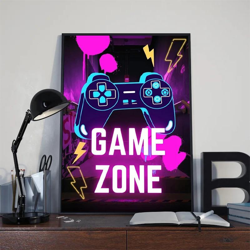 Neon Canvas Prints Painting Eat Sleep Game Repeat Funny Gaming Quote Posters Mural Wall Art for Home Gamer Room Decor No Light