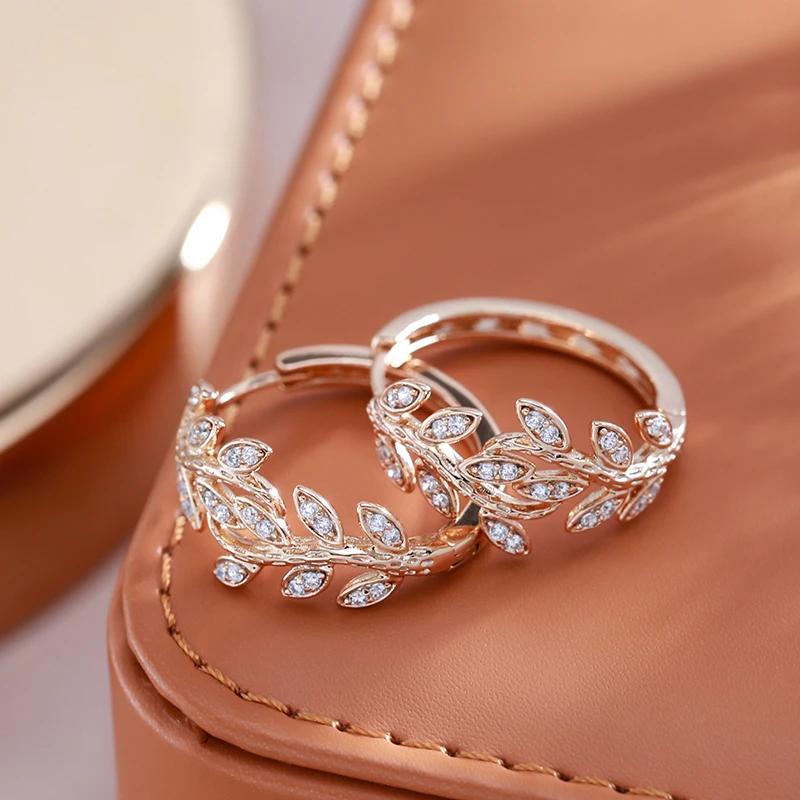 Vintage Cubic Zirconia Leaf Hoop Earrings for Women Luxury Gold Color Fashion Jewelry Accessories