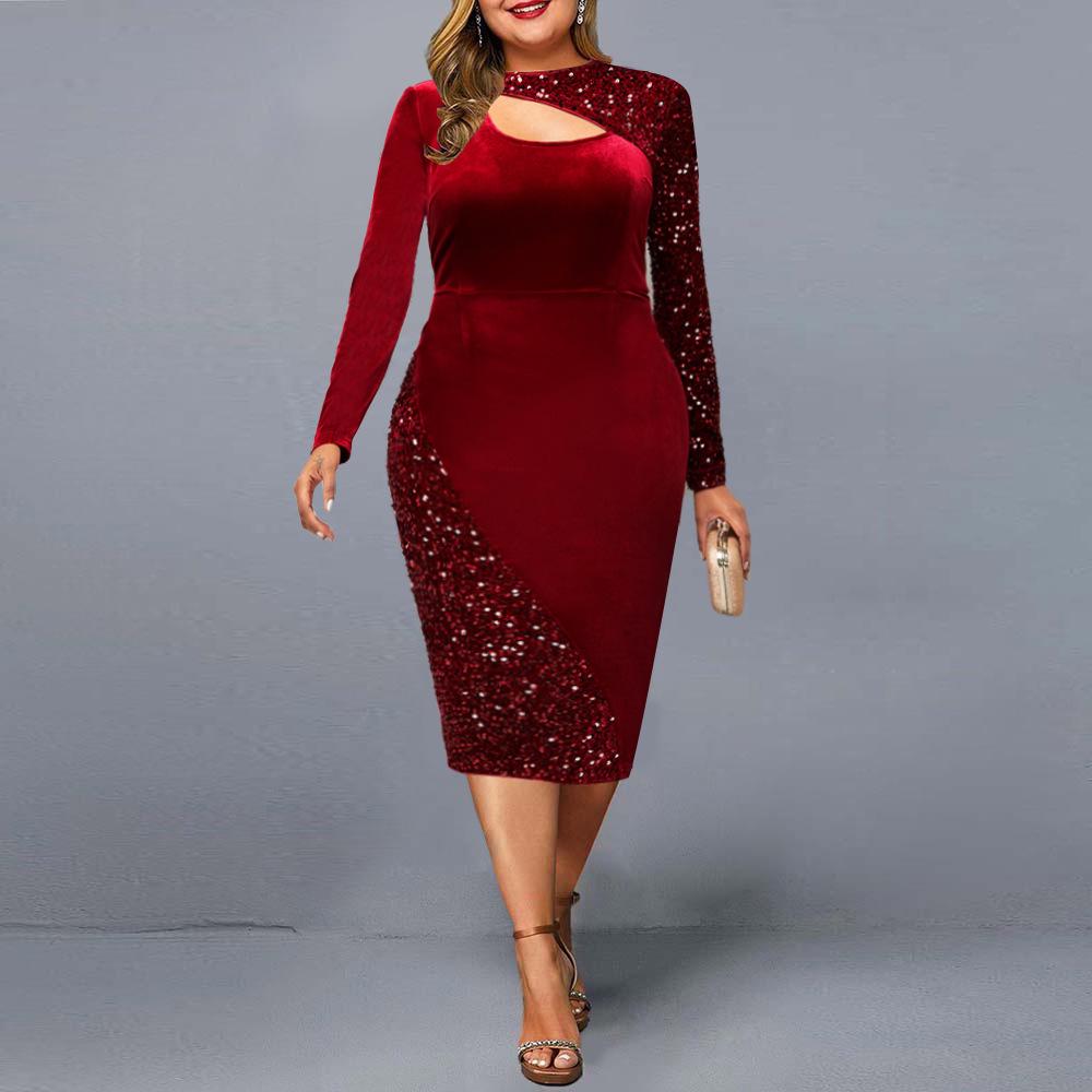 

2024 Sequin Patchwork Gold Velvet Irregular Plus Size Women s Dress 2XL красный