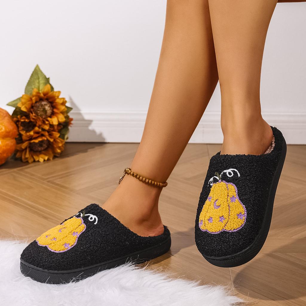 Mode Gemütliche Halloween Kürbis Hausschuhe Damen Weiche Plüsch Rutschfeste Indoor Baumwoll-Sandalen Frau Warm halten Bequeme Winter Hauspantoffeln