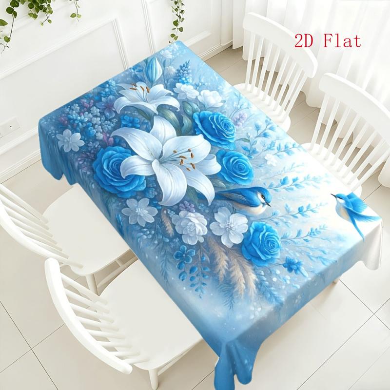 2D Flat 1pc - Versatile Spring Blue And White Lily, Rose, And Bird Floral Pattern Tablecloth, Artistic Atmosphere, Beautiful, Machine Washable And Eas