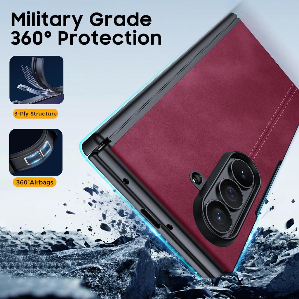 For Samsung Galaxy Z Fold 7 with HD Screen Protector&Hinge Protection,Wireless Charging,Leather Matte PC Shockproof Cover Phone Case-Red