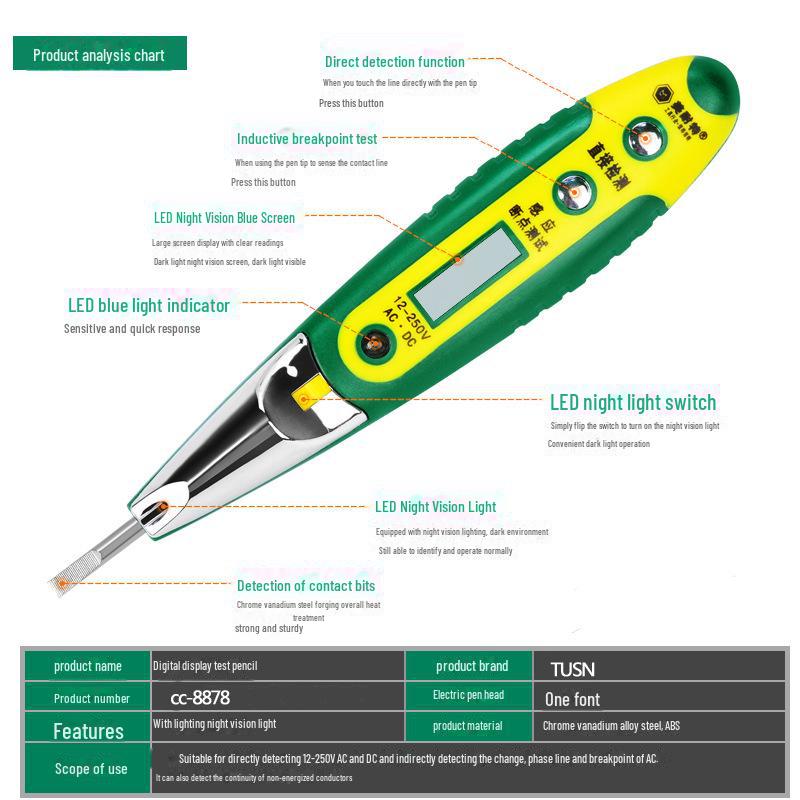 Multi-Function Digital Display Induction Test Pen with LED Light