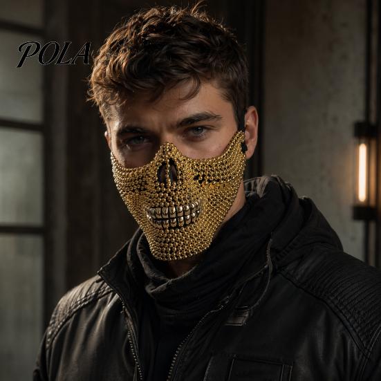 Non-sweating Cosplay Mask Halloween Skull Half Face Mask, Rhinestone Punk Knight Masquerade Prop Wide Vision with Adjustable Straps, Lightweight