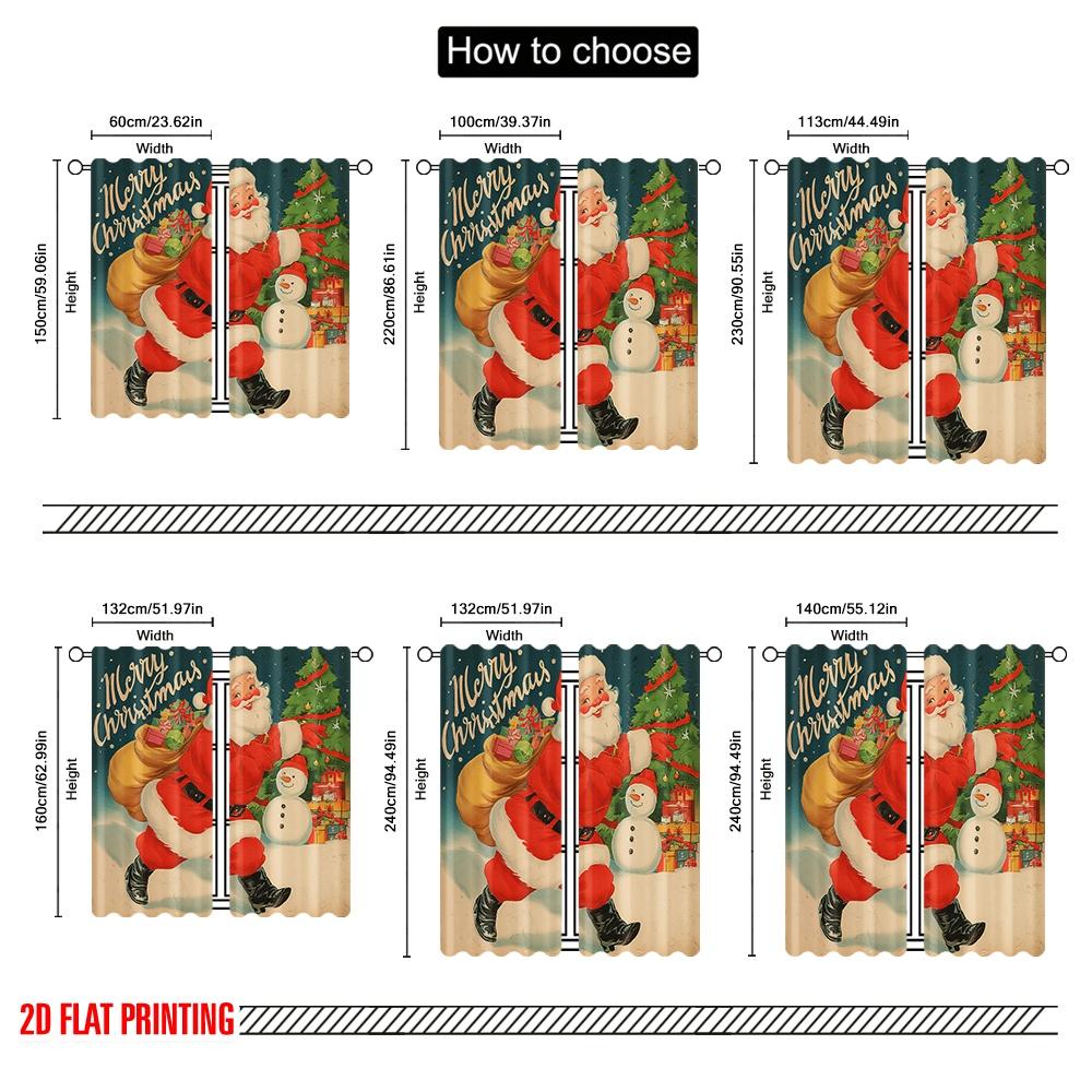 2pcs,2D Plane Printing Print Curtains Vintage Santa Claus with Snowman & Tree 100% Polyester (without Rod) Festive Ldeal for