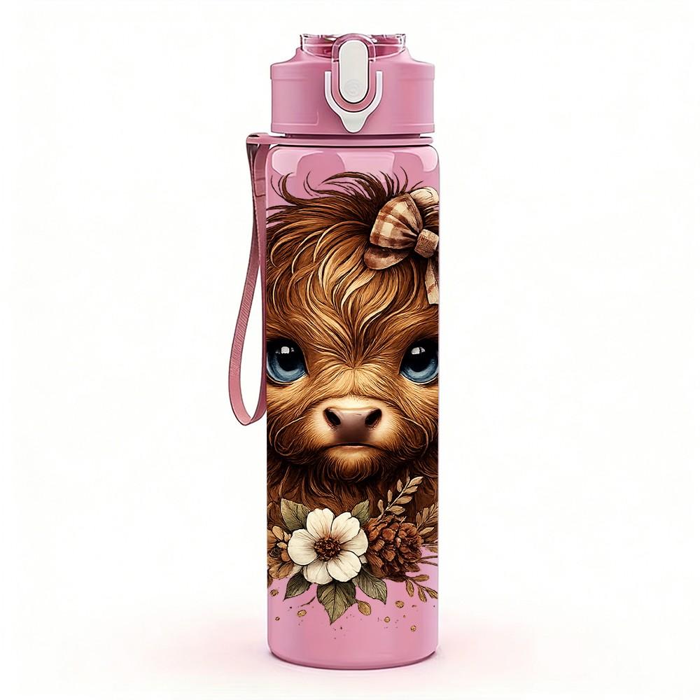 1PC Baby Highland Cow Flower Print 750ml Color Plastic Sports Water Bottle Leakproof Flip Straw Lid Suitable for Sports Office Home Use
